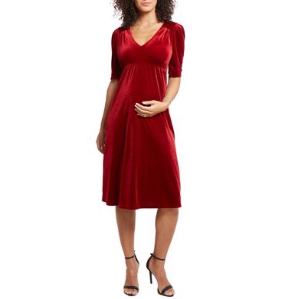 Ingrid & Isabel Velvet V-Neck Midi Maternity Dress in Bright Crimson